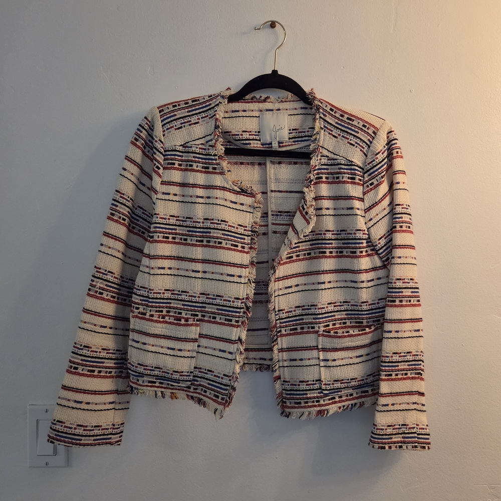 Joie Cream Woven Fringe Jacket with Multicolor Stripes